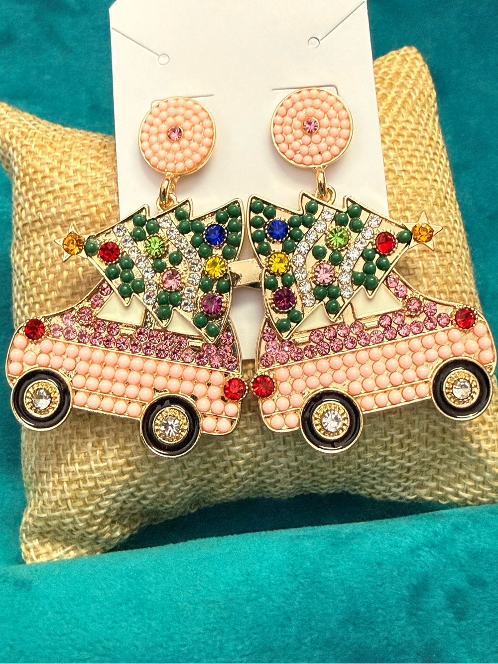 Festive Pink Beaded Crystal Rhinestone Christmas Tree Car Drop Earrings NEW
